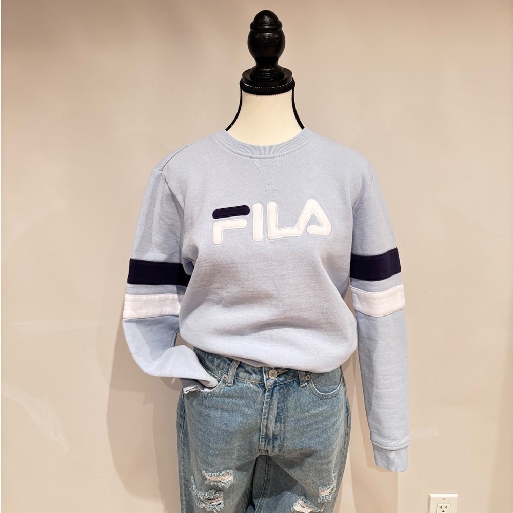 FILA Women's Sky Blue Crew Neck Sweater with Stripe Accents